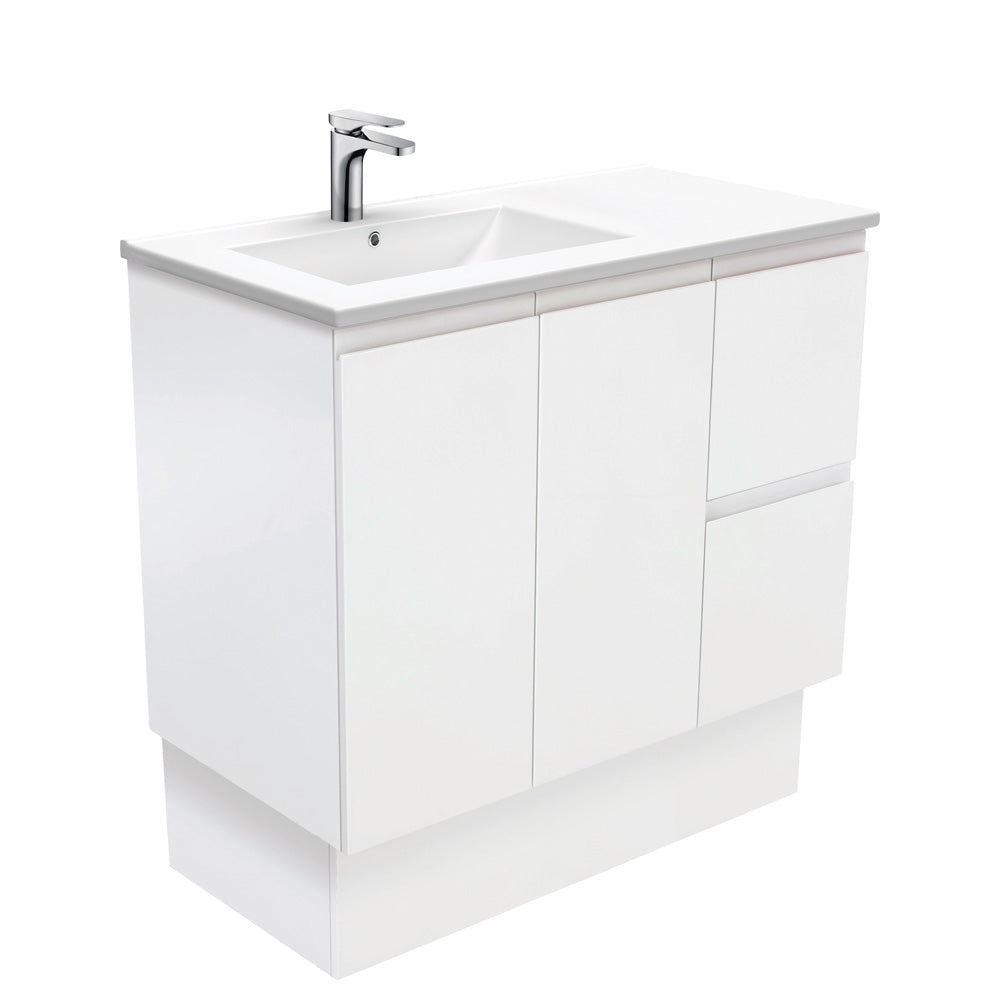 Fienza Dolce Fingerpull Offset On Kickboard Vanity Left Basin (1 Taphole) 900mm Satin White TCL90LZK