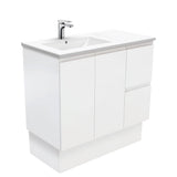 Fienza Dolce Fingerpull Offset On Kickboard Vanity Left Basin (1 Taphole) 900mm Satin White TCL90LZK