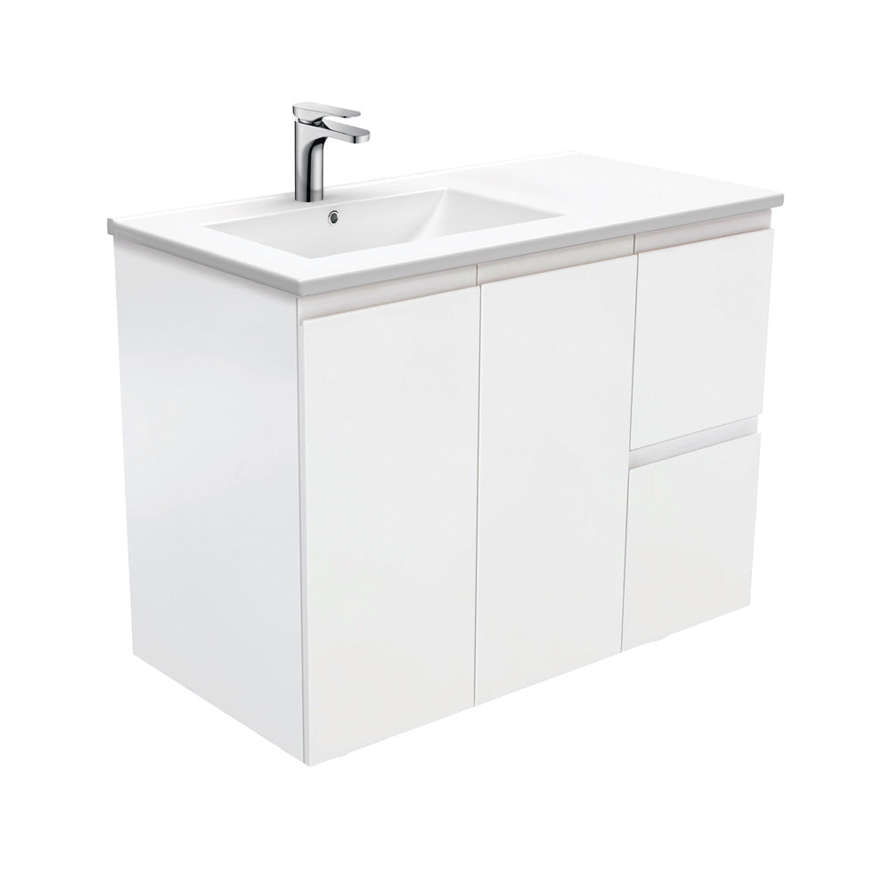 Fienza Dolce Fingerpull Offset Wall Hung Vanity Left Basin (1 Taphole) 900mm Satin White TCL90LZ