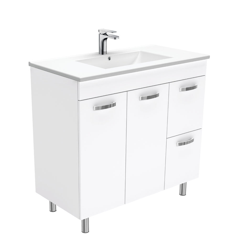 Fienza Dolce Unicab Vanity On Legs Solid Doors Left Hand Drawers (1 Taphole) 900mm Gloss White TCL90NLWL