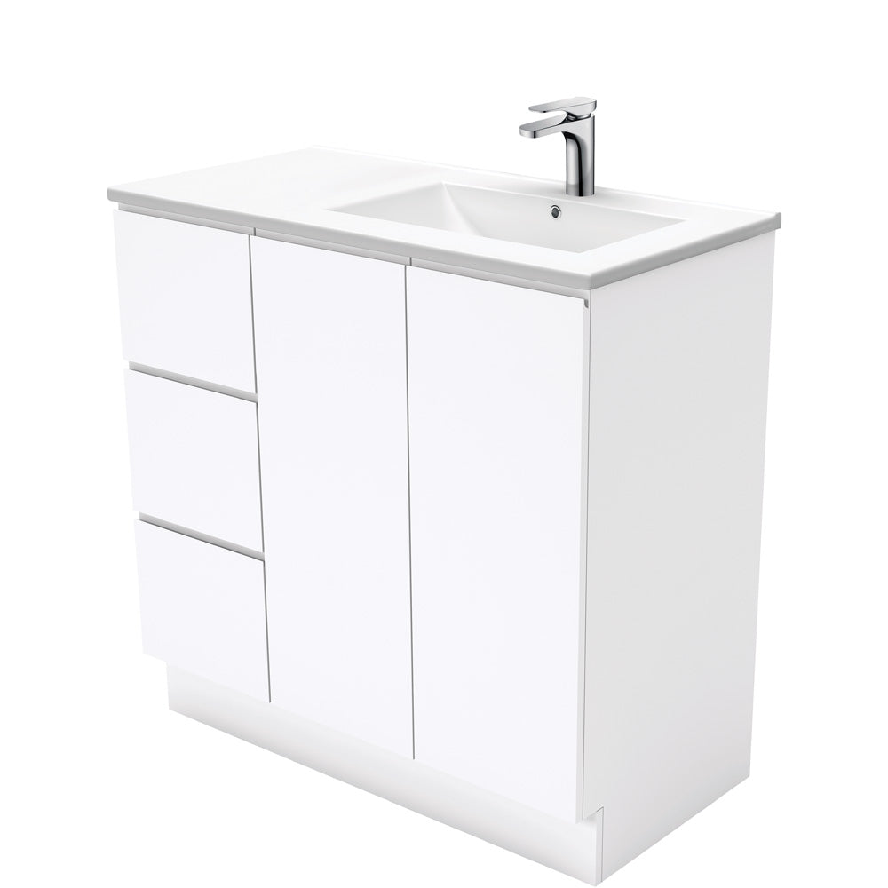 Fienza Dolce Fingerpull Offset On Kickboard Vanity Right Basin (1 Taphole) 900mm Gloss White TCL90RC