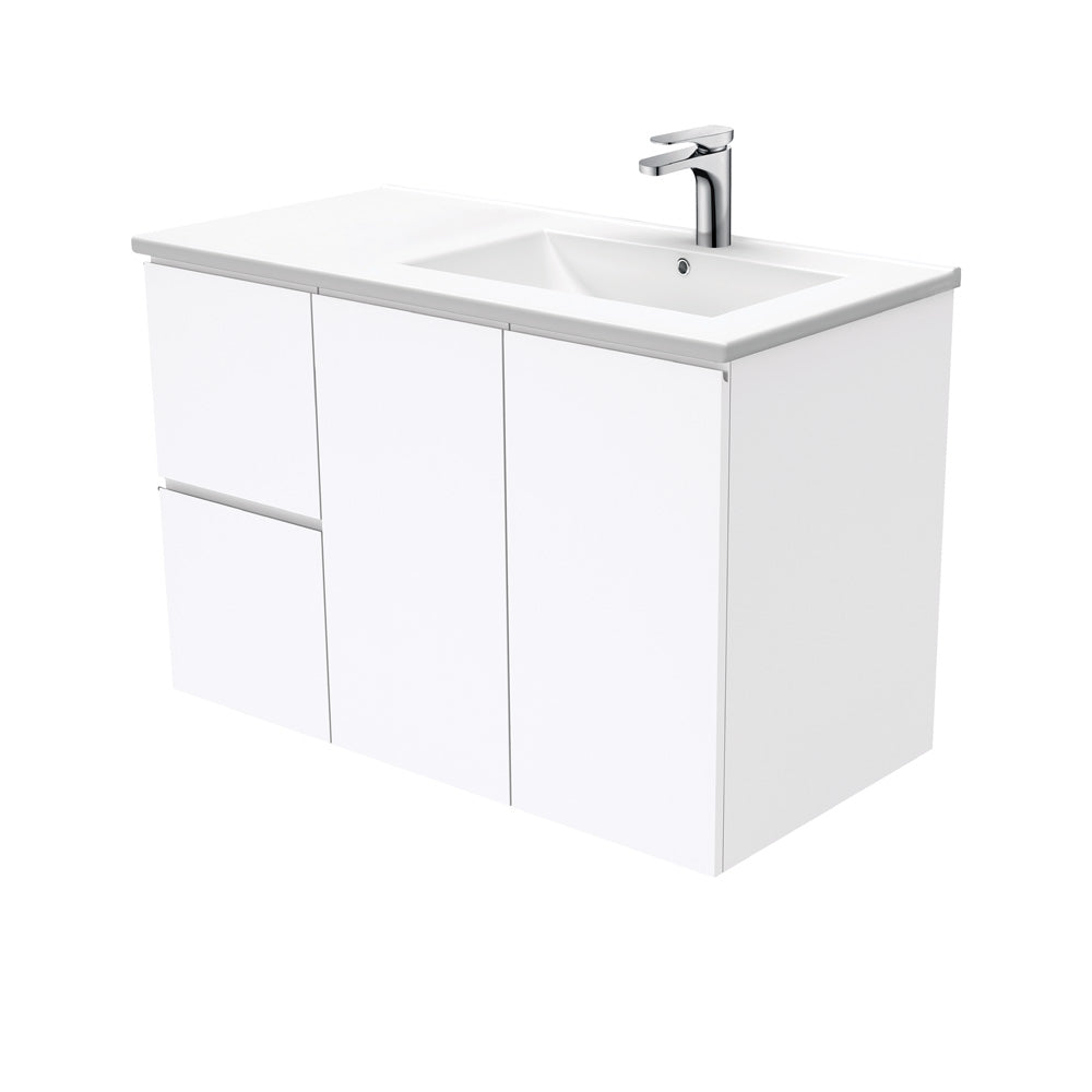 Fienza Dolce Fingerpull Offset Wall Hung Vanity Right Basin (1 Taphole) 900mm Gloss White TCL90RF
