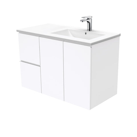 Fienza Dolce Fingerpull Offset Wall Hung Vanity Right Basin (1 Taphole) 900mm Gloss White TCL90RF