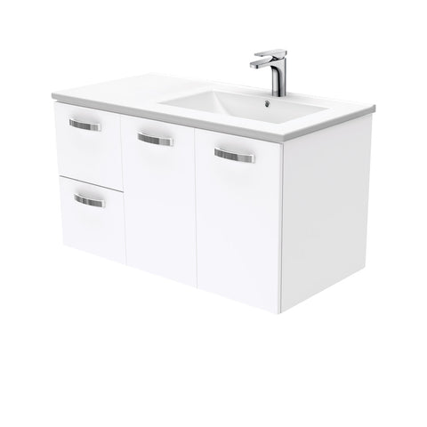 Fienza Dolce Unicab Offset Wall Hung Vanity Right Basin (1 Taphole) 900mm Gloss White TCL90RJ