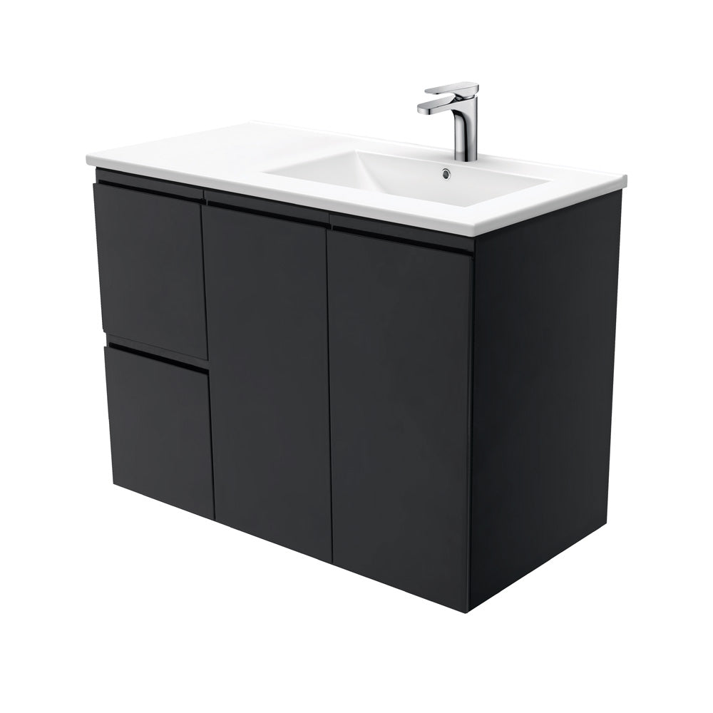 Fienza Dolce Fingerpull Offset Wall Hung Vanity Right Basin (1 Taphole) 900mm Satin Black TCL90RZB