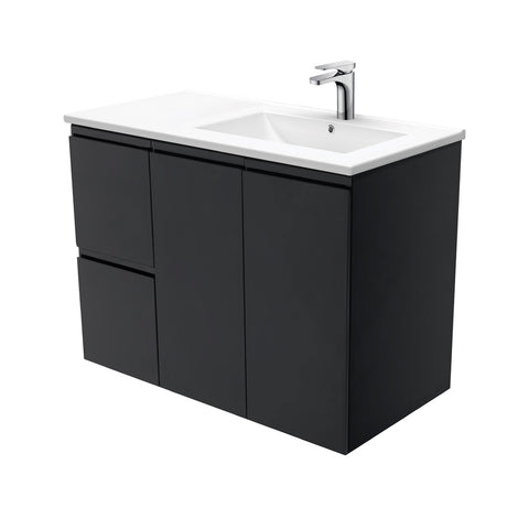 Fienza Dolce Fingerpull Offset Wall Hung Vanity Right Basin (1 Taphole) 900mm Satin Black TCL90RZB