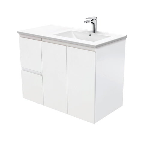 Fienza Dolce Fingerpull Offset Wall Hung Vanity Right Basin (1 Taphole) 900mm Satin White TCL90RZ