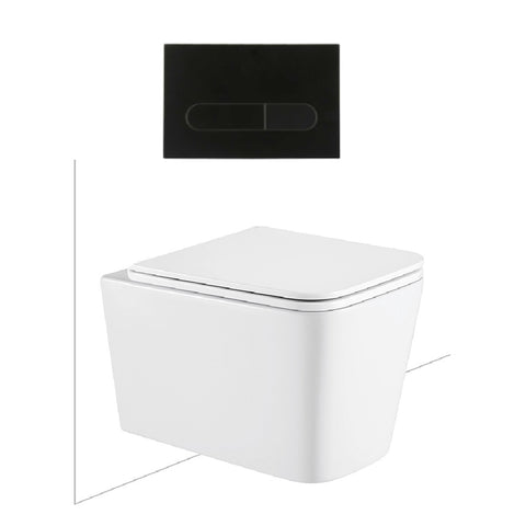 Seima Plati Toilet Package, Wall Hung Toilet Pan Matte White, In Wall Cistern C200, Flush button 500 Serie Matte Black, Flat Toilet Seat 192465 + 191803