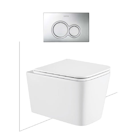 Seima Plati Toilet Package, Wall Hung Toilet Pan Matte White, In Wall Cistern C200, Flush button 100 Serie Chrome, Flat Toilet Seat 192465 + 191791