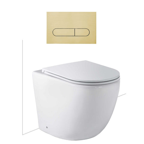 Seima Arko Toilet Package, Wall Faced Toilet Pan Matte White, In Wall Cistern C100, Flush button 500 Serie Brushed Gold, Flat Toilet Seat 192598 + 192064