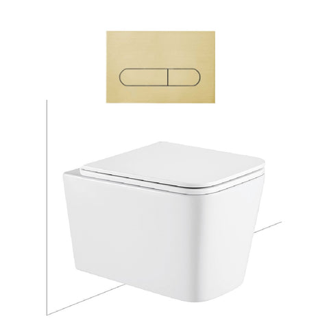 Seima Plati Toilet Package, Wall Hung Toilet Pan Matte White, In Wall Cistern C200, Flush button 500 Serie Brushed Gold, Flat Toilet Seat 192465 + 192064