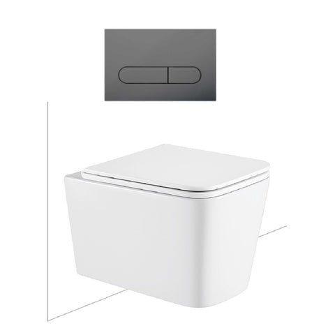 Seima Plati Toilet Package, Wall Hung Toilet Pan Matte White, In Wall Cistern C200, Flush button 500 Serie Gunmetal, Flat Toilet Seat 192465 + 192181