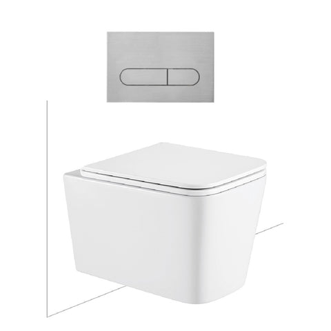 Seima Plati Toilet Package, Wall Hung Toilet Pan Matte White, In Wall Cistern C200, Flush button 500 Serie Brushed Nickel, Flat Toilet Seat 192465 + 192063