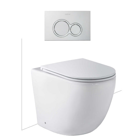 Seima Arko Toilet Package, Wall Faced Toilet Pan Matte White, In Wall Cistern C100, Flush button 100 Serie Satin Silver, Flat Toilet Seat 192598 + 191792