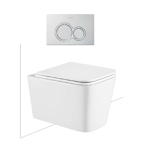 Seima Plati Toilet Package, Wall Hung Toilet Pan Matte White, In Wall Cistern C200, Flush button 100 Serie Satin Silver, Flat Toilet Seat 192465 + 191792