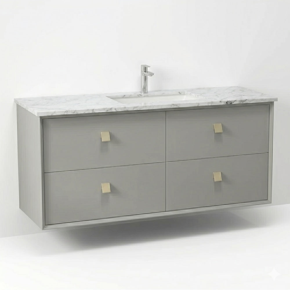 Otti Boston Wall Hung Vanity 1200mm w/ Undermount Basin Light Grey / Natural Carrara Marble Top BS1200LGSTUD-NCA-UB