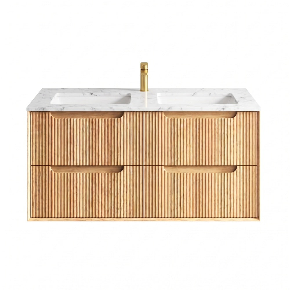 Otti Byron Fluted Wall Hung Vanity 1200mm Four Drawers w/ Undermount Basin Woodland Oak / Natural Carrara Marble Top BYW1200L-DSTUD-NCA-UB