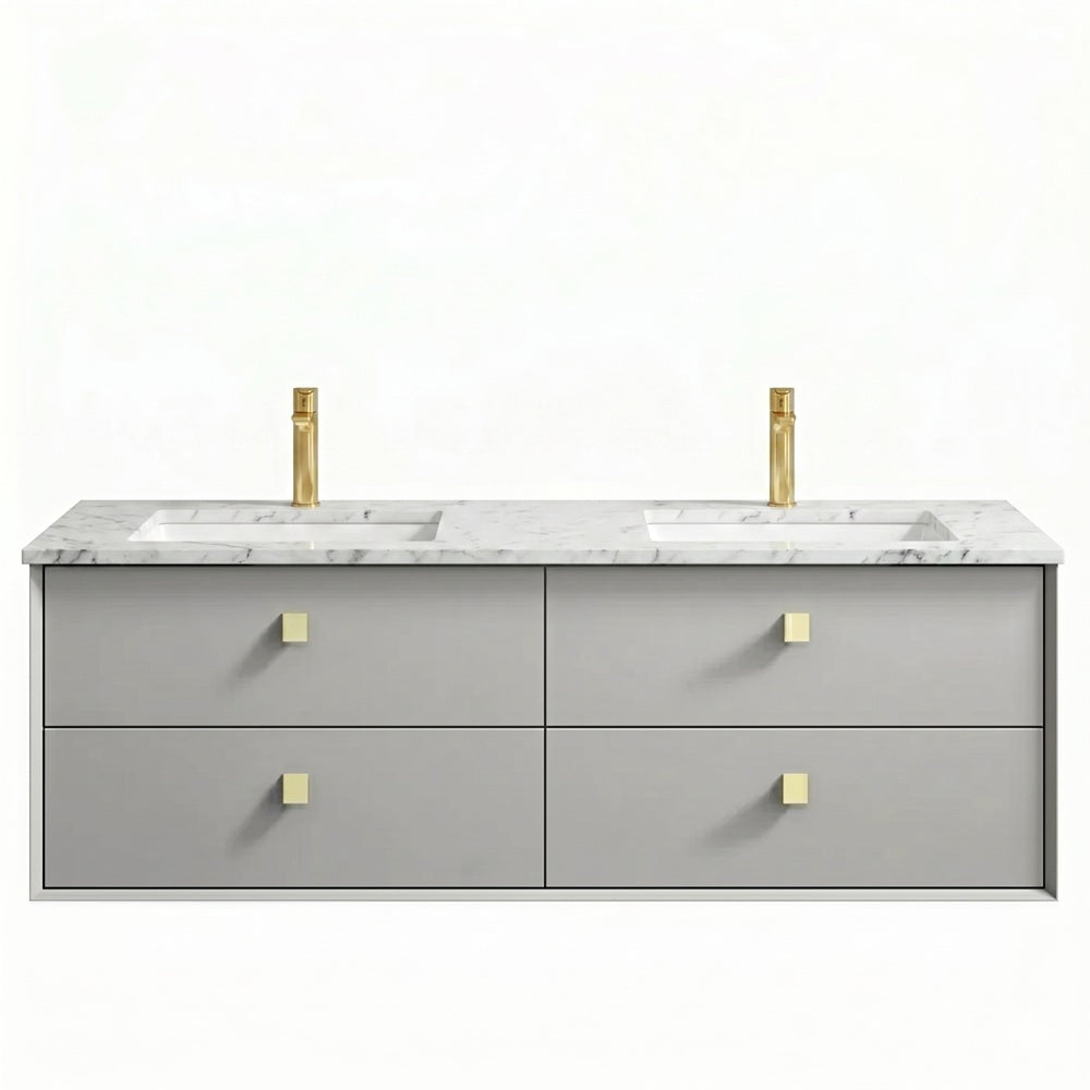 Otti Boston Wall Hung Vanity 1500mm w/ Undermount Basin Light Grey / Natural Carrara Marble Top BS1500LGSTUD-NCA-UB