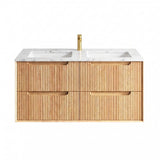 Otti Byron Fluted Wall Hung Vanity 1200mm Four Drawers w/ Undermount Basin Woodland Oak / Natural Carrara Marble Top BYW1200L-DSTUD-NCA-UB