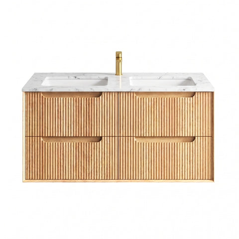 Otti Byron Fluted Wall Hung Vanity 1200mm Four Drawers w/ Undermount Basin Woodland Oak / Natural Carrara Marble Top BYW1200L-DSTUD-NCA-UB