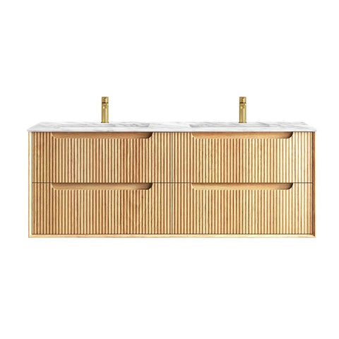 Otti Byron Wall Hung Vanity Fluted 1500mm Woodland Oak w/ Undermount Woodland Carrara Marble Top & Basin BYW1500LSTUD-NCA-UB