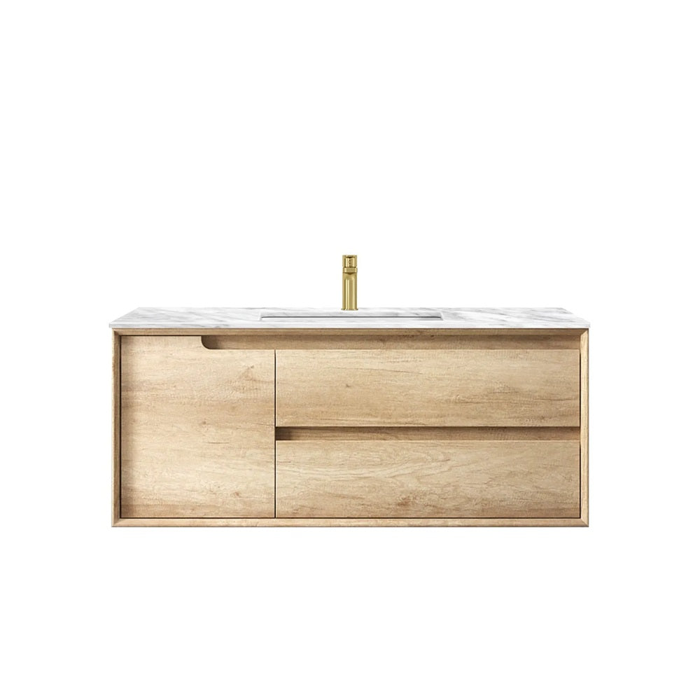 Otti Byron Wall Hung Vanity 1200mm Natural Oak w/ Undermount Natural Carrara Marble Top & Basin BY1200NSTUD-NCA-UB