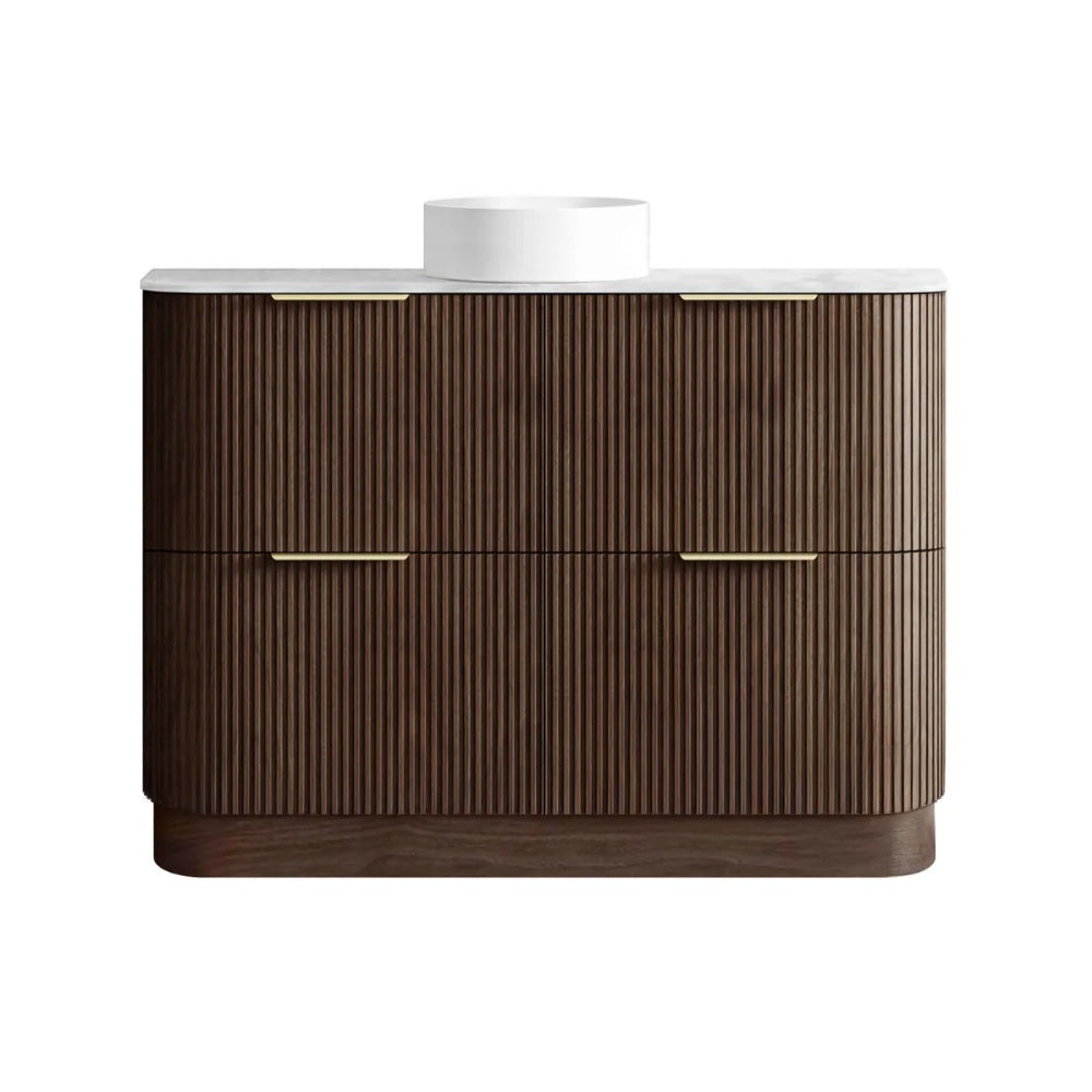 Otti Havana Fluted Freestanding Curve Vanity 1200mm Sable Walnut / Cloudy Carrara Top HAF1200SWST-CA
