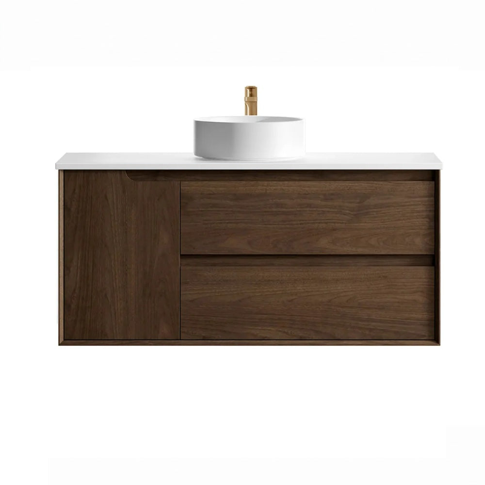 Otti Byron Wall Hung Vanity 1200mm Sable Walnut / Matte White Top BY1200SWSTUD-MW
