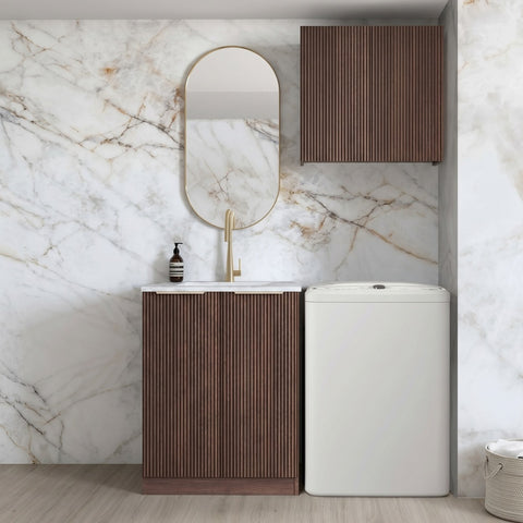 Otti Havana Fluted Mini Laundry Kit 650mm Sable Walnut / Natural Carrara Marble Top LA-650A-HASW-NCA