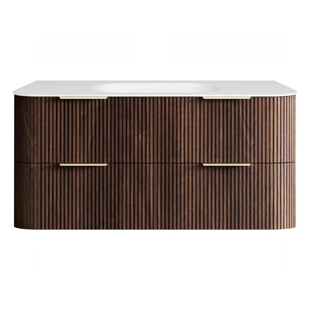 Otti Hanava Curve Fluted Wall Hung Vanity 1200mm Sable Walnut / Chloe Silk Top HA1200SWMT-CS