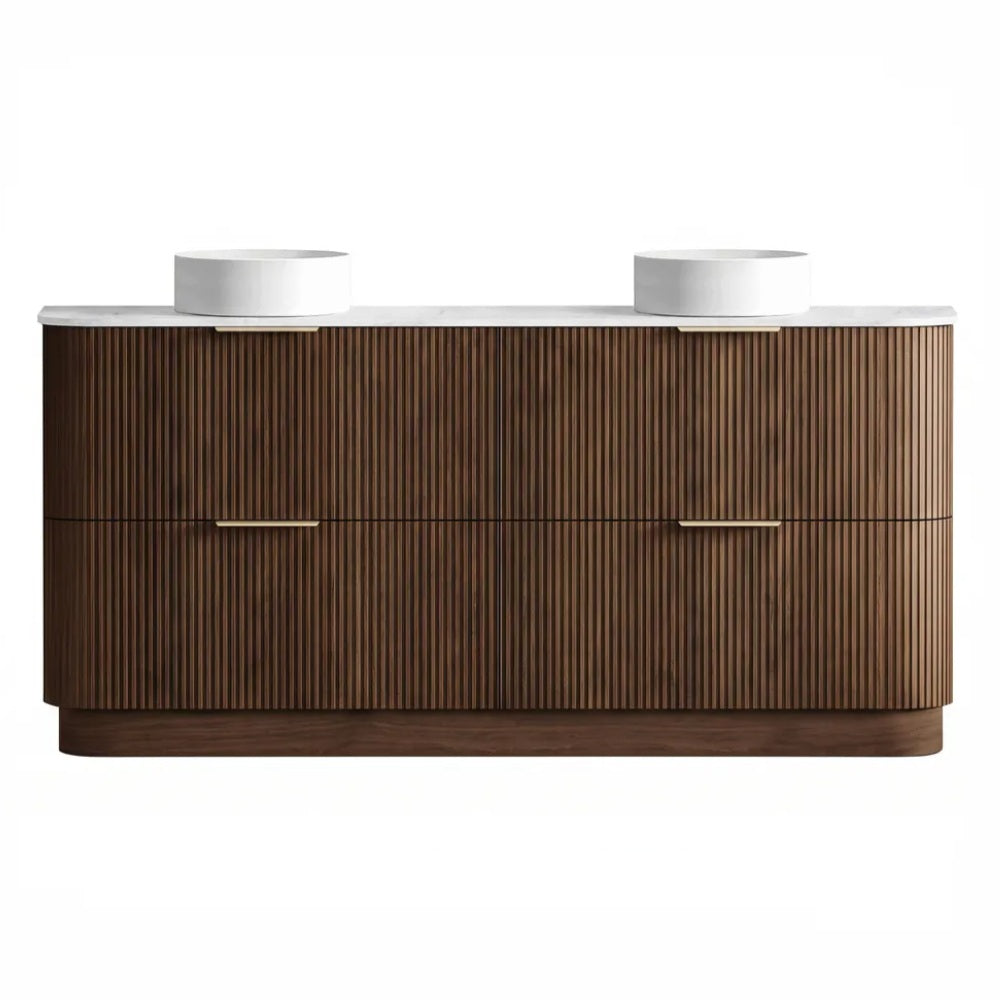Otti Havana Fluted Freestanding Curve Vanity 1500mm Sable Walnut / Cloudy Carrara Top HAF1500SWST-CA