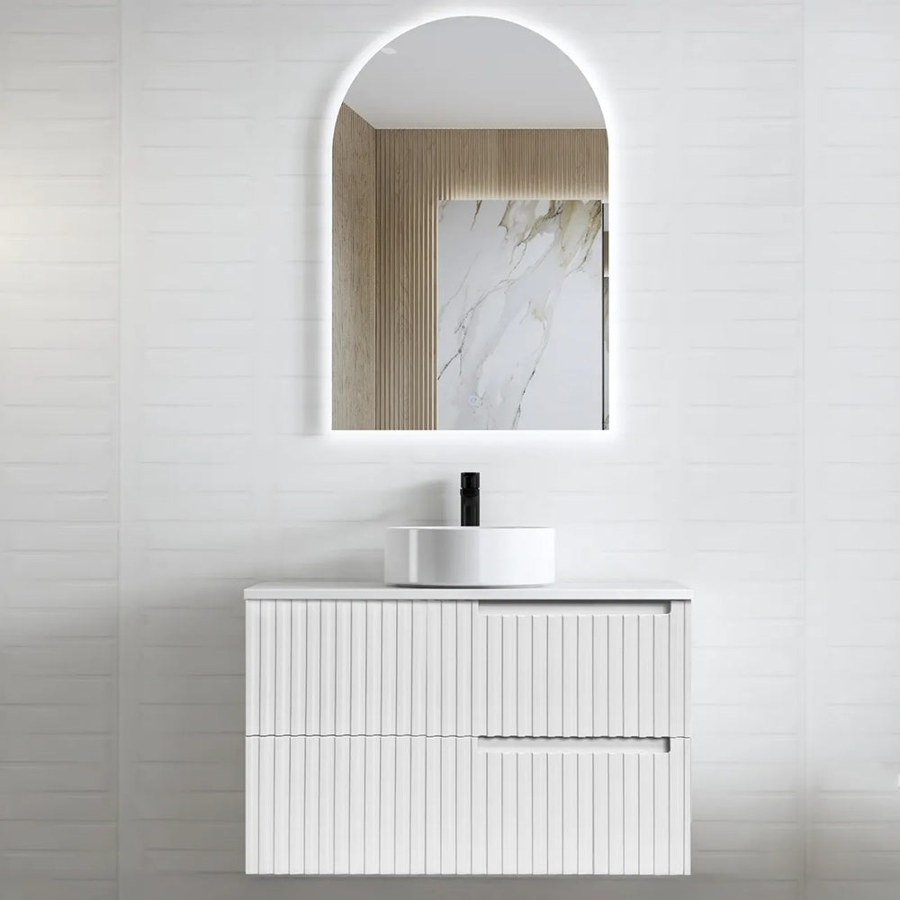 Otti Noosa Wall Hung Vanity 900mm Satin White w/ Cloudy Carrara Top NS900WSTUD-CA