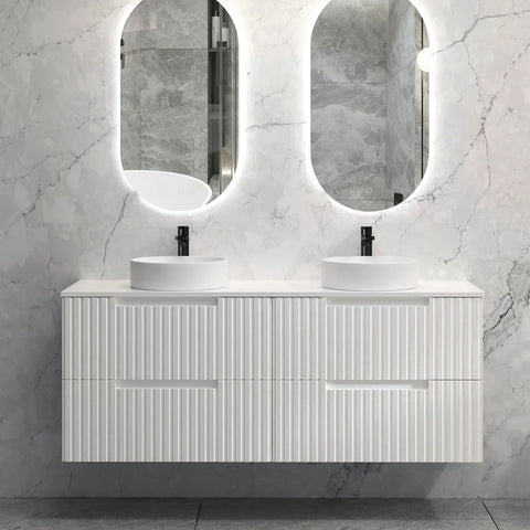 Otti Noosa Wall Hung Vanity 1500mm Satin White w/ Cloudy Carrara Top NS1500WSTUD-CA