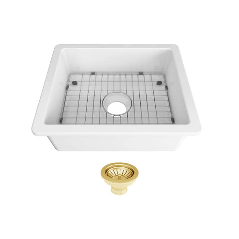 Seima Odessa 560 Ceramic Butler Sink Single Bowl 565x460mm Abovemount/Undermount White Gloss (inc.Brushed Gold Basket Waste & Grid) 192521