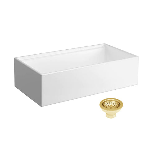 Seima Odessa 920 Ceramic Butler Sink Single Bowl 915x485mm Workstation White Gloss (inc.Brushed Gold Basket Waste & Grid) 192526