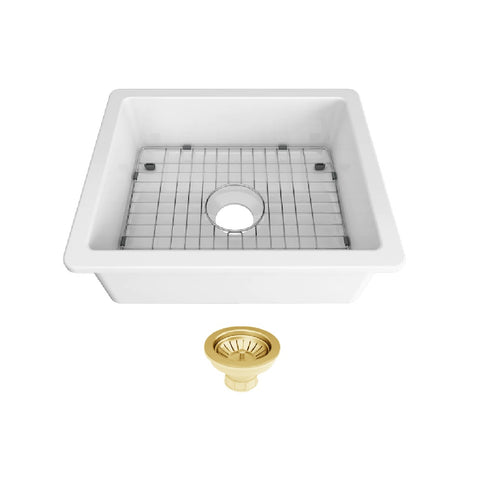 Seima Odessa 610 Ceramic Butler Sink Single Bowl 610x485mm Abovemount/Undermount White Gloss (inc.Brushed Gold Basket Waste & Grid) 192523