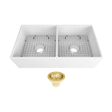 Seima Odessa 915 Ceramic Butler Sink Double Bowl 915x485mm Apron Front White Gloss (inc.Brushed Gold Basket Waste & Grid) 192525