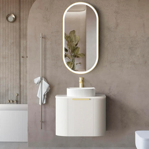 Otti Bondi Wall Hung Curve Vanity 600mm Fluted Satin White w/ Cloudy Carrara Top BO600WST-CA