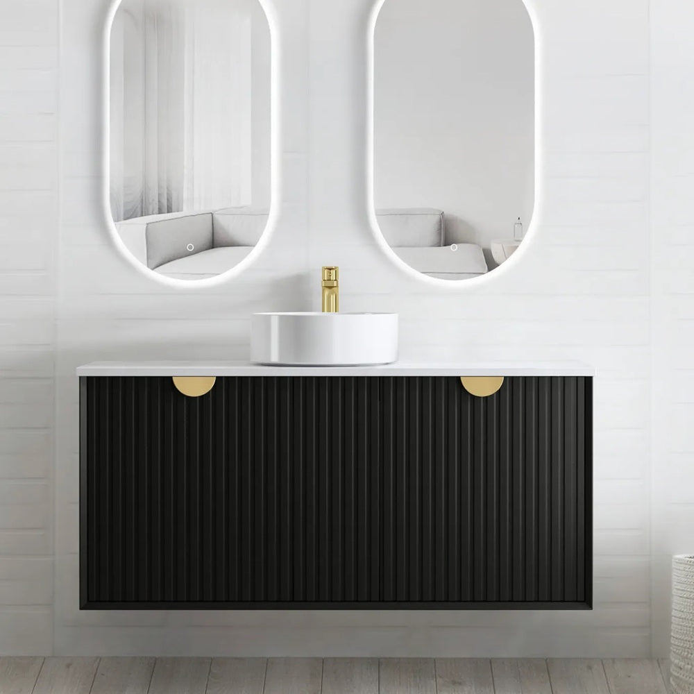 Otti Marlo Wall Hung Vanity 1200mm Matte Black w/ Pure White Top MA1200BSTUD-PW