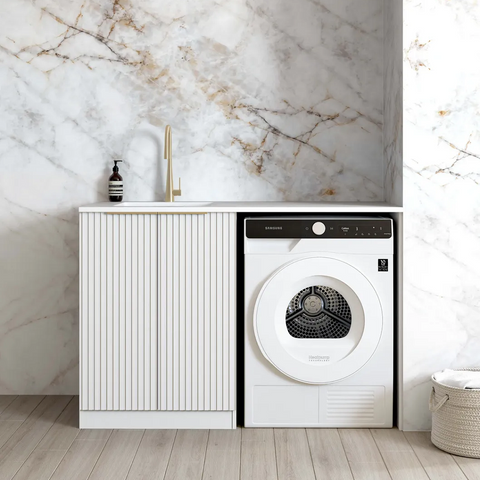 Otti Noosa Base Laundry Cabinet 1300mm Fluted White / Natural Carrara Marble Top LA-1300-NSW-NCA