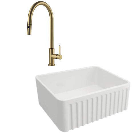 Turner Hastings Package 27 Novi Sink 600mm (Incl. Brushed Brass Grid, Naples Pull Out Mixer and Basket Waste) Gloss White PKG027