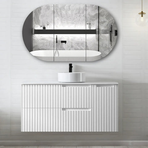 Otti Noosa Wall Hung Vanity 1200mm Satin White w/ Cloudy Carrara Top NS1200WSTUD-CA