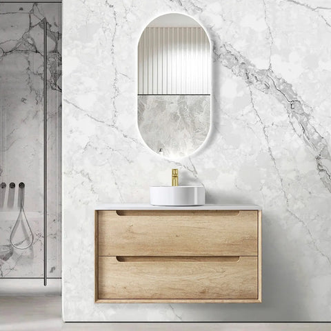 Otti Byron Wall Hung Vanity 900mm Natural Oak w/ Natural Carrara Marble Top BY900NSTUD-NCA