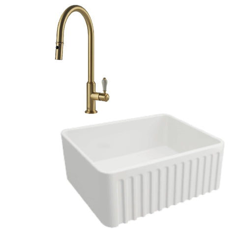 Turner Hastings Package 25 Novi Sink 600mm (Incl. Brushed Brass Grid, Ludlow Pull Out Mixer and Basket Waste) Gloss White PKG025