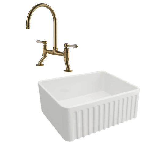 Turner Hastings Package 26 Novi Sink 600mm (Incl. Brushed Brass Grid, Ludlow Bridge Tap and Basket Waste) Gloss White PKG026