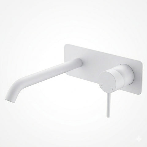 Fienza Kaya Basin/Bath Wall Mixer Set Rectangular Plate 200mm Outlet Lead Free Matte White 228106MW-200-LF