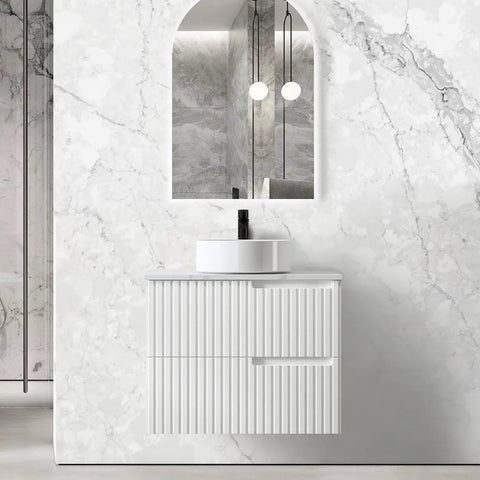 Otti Noosa Wall Hung Vanity 750mm Satin White w/ Natural Carrara Marble Top NS750WSTUD-NCA