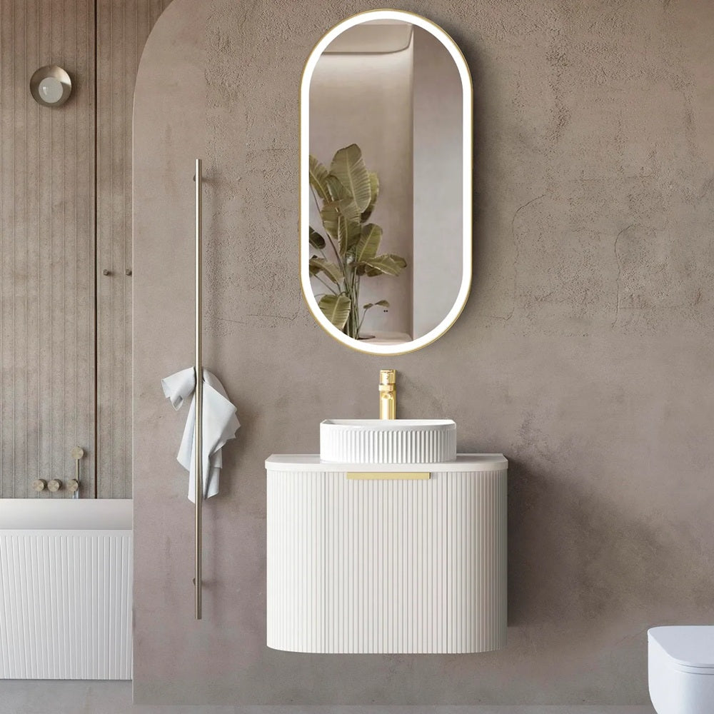 Otti Bondi Wall Hung Curve Vanity 600mm Fluted Satin White w/ Matte White Top BO600WST-MW