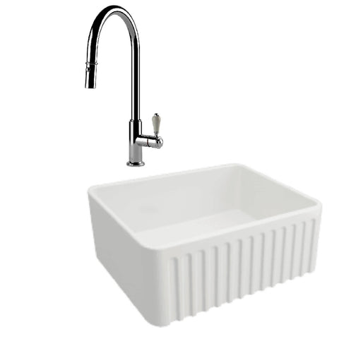 Turner Hastings Package 35 Novi Sink 500mm (Incl. Stainless Steel Grid & Chrome Ludlow Pull Out Mixer and Basket Waste) Gloss White PKG036