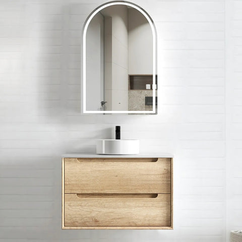 Otti Byron Wall Hung Vanity 750mm Natural Oak w/ Matte White Top BY750NSTUD-MW